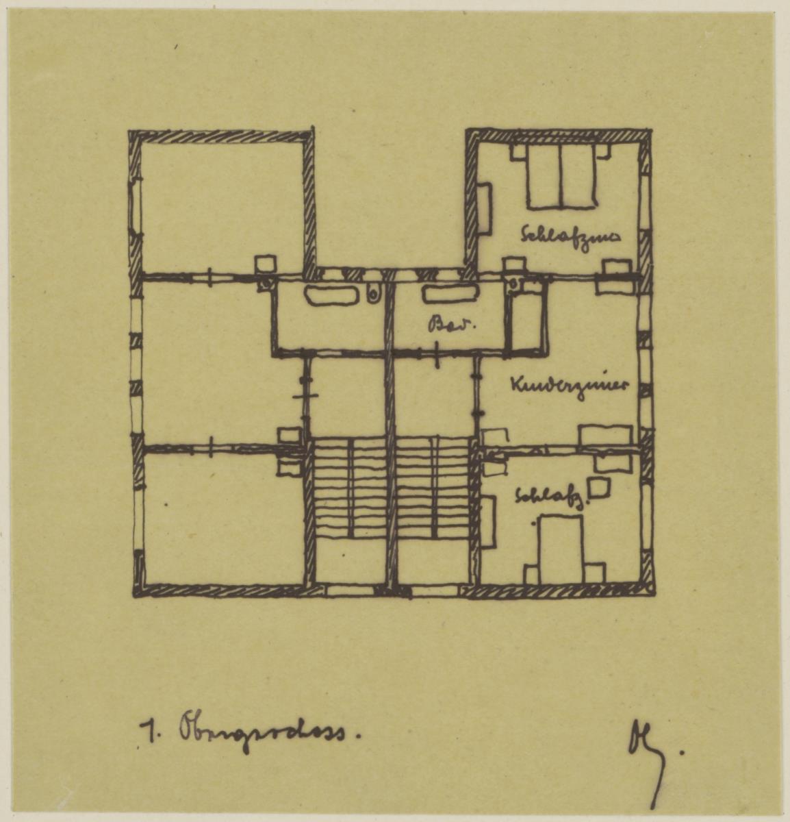 Darmstadt, Projekt Doppelhaus Cabinet, zweite Version, Skizzenblatt mit Grundriss des 1. Obergeschosses