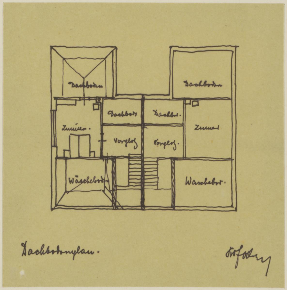 Darmstadt, Projekt Doppelhaus Cabinet, zweite Version, Skizzenblatt mit Grundriss des Dachgeschosses