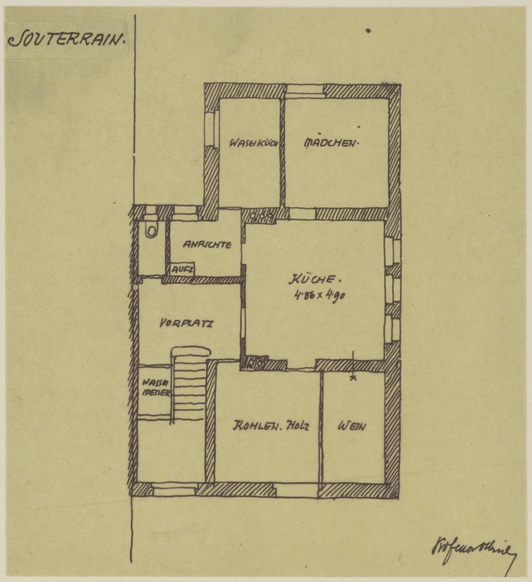 Darmstadt, Projekt Doppelhaus Cabinet, vierte Version, Skizzenblatt mit Grundriss des Kellergeschosses