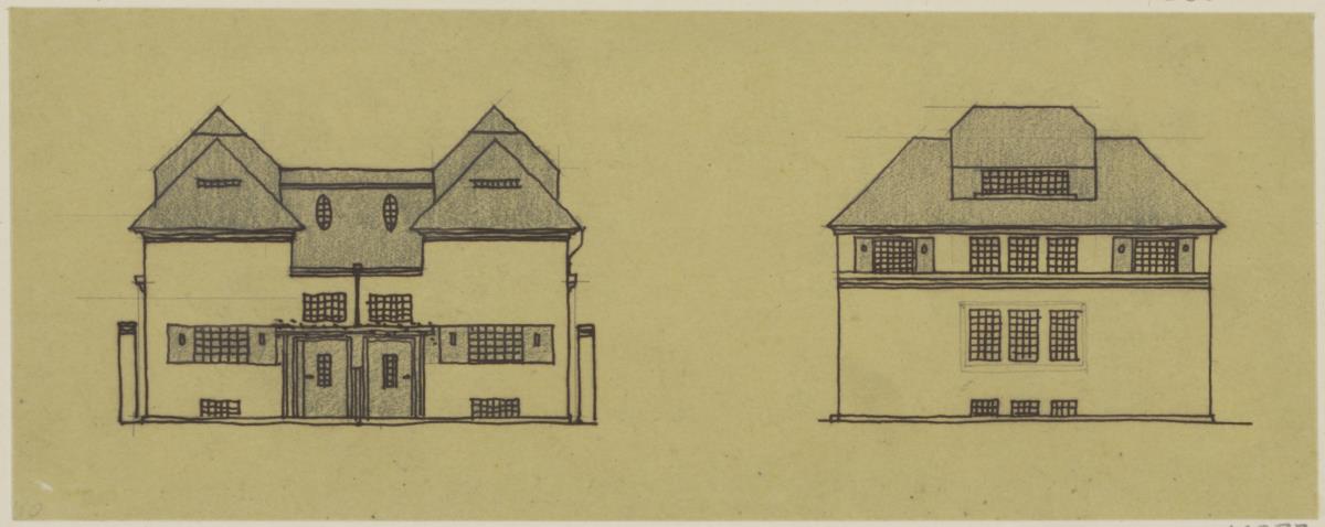 Darmstadt, Projekt Doppelhaus Cabinet, dritte Version, Skizzenblatt mit Aufrissen der Nord- und Ostfassade