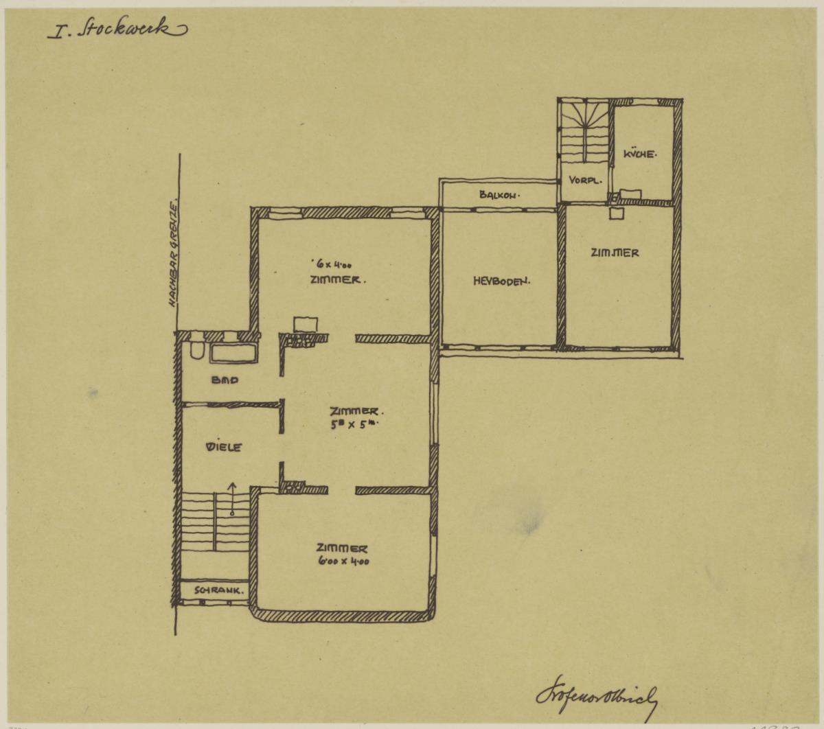 Darmstadt, Projekt Doppelhaus Cabinet, vierte Version, Skizzenblatt mit Grundriss des 1. Obergeschosses