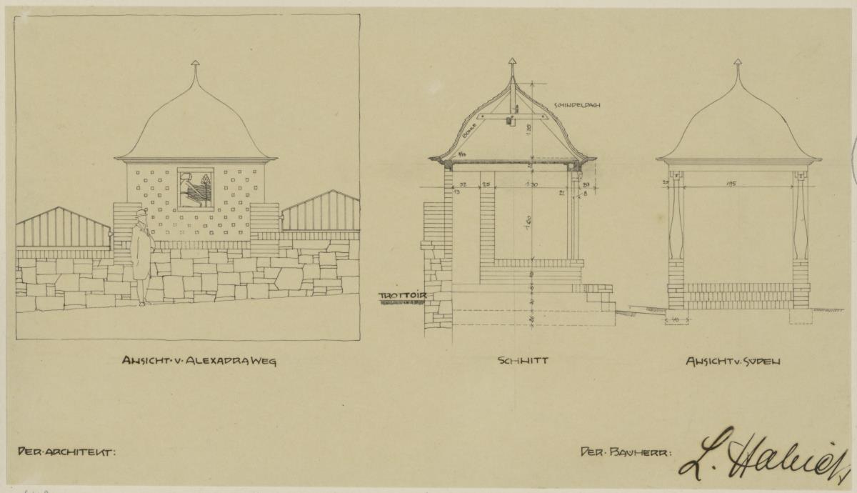 Darmstadt, Wohnhaus Habich, Gartenhäuschen, Aufrisse der Nord und Südfassade sowie Schnitt