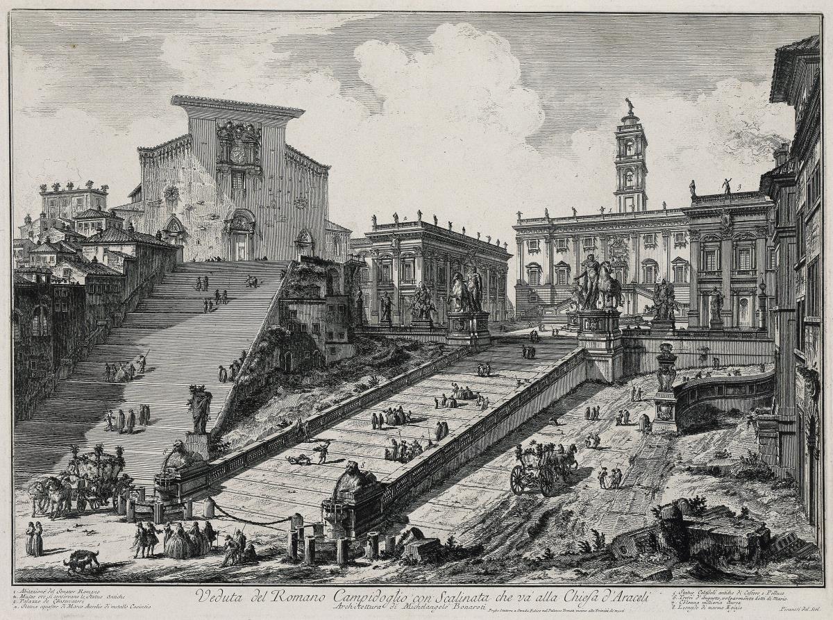 Ansicht des römischen Kapitols mit der Treppe zur Aracoeli-Kirche (aus: Vedute di Roma)