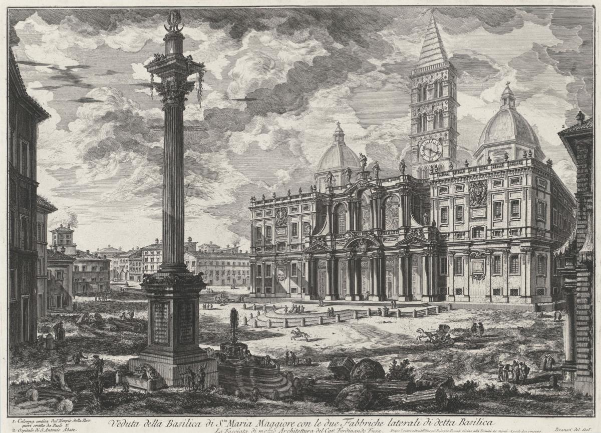 Ansicht der Basilica Santa Maria Maggiore mit den beiden seitlichen Gebäuden (aus: Vedute di Roma)
