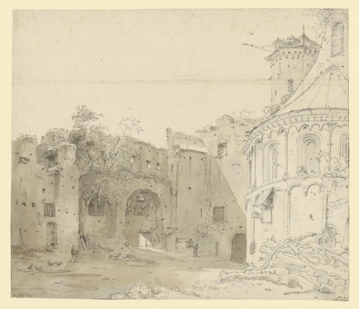 Von einer ruine begrenzter Platz, an den rechts ein runder romanischer Chor stößt