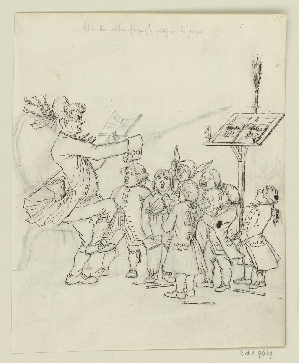 Musikmeister mit einer Gruppe singender Kinder. Karikatur, Oben, mit Blei: "Wie die Alten sungen, so zwitschern die Jungen"