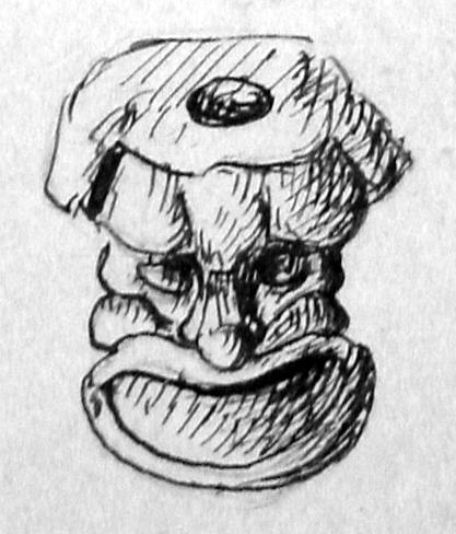 Kleine komische Maske mit Trichtermaul, oben durchbohrt