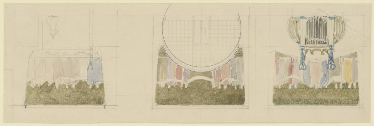 Darmstadt, Ernst-Ludwig-Haus. Vorentwurf zum Mittelraum, Farbstudien dreier Wände