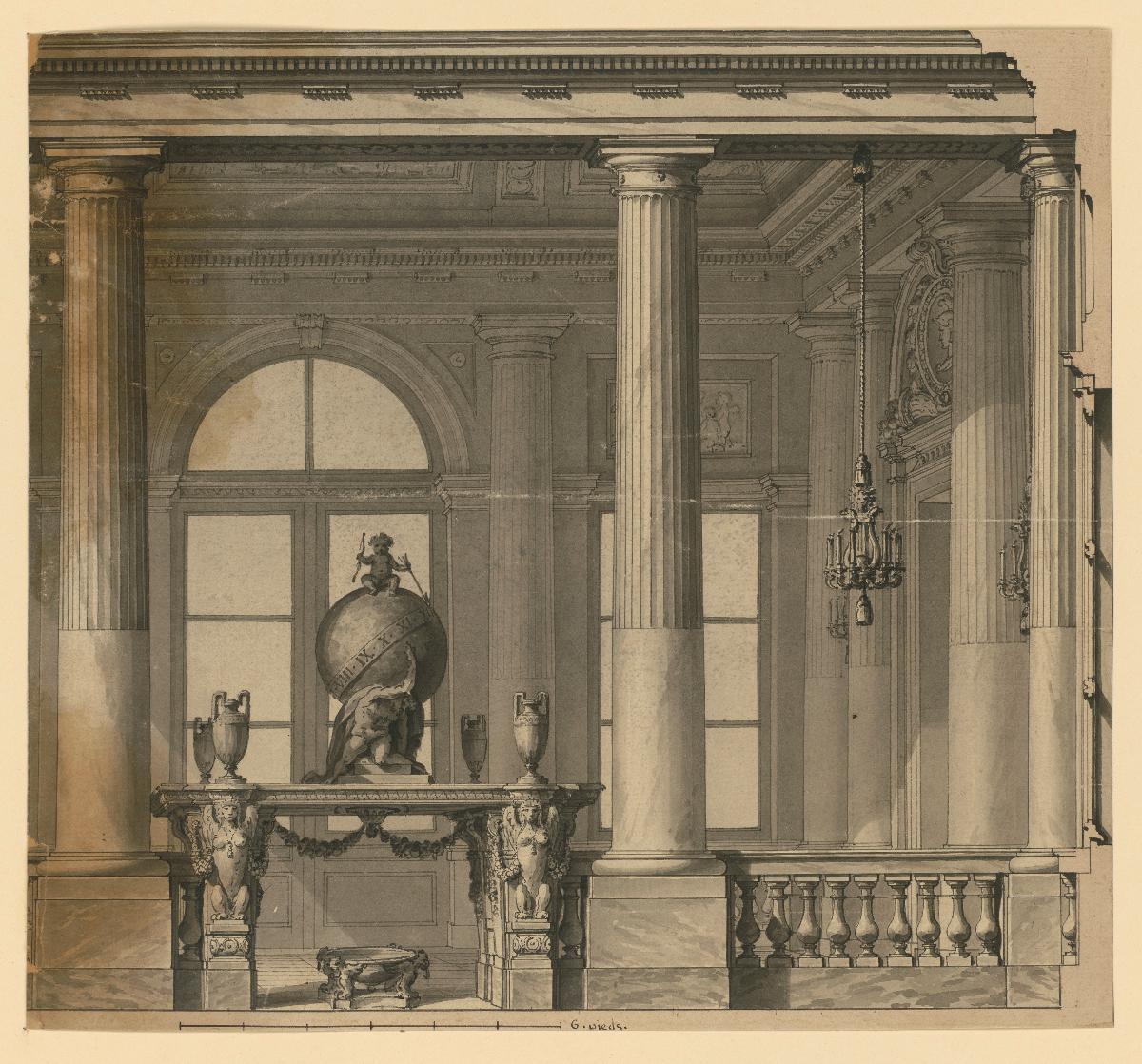Ansicht eines galerieartigen Raumes mit einer Uhr