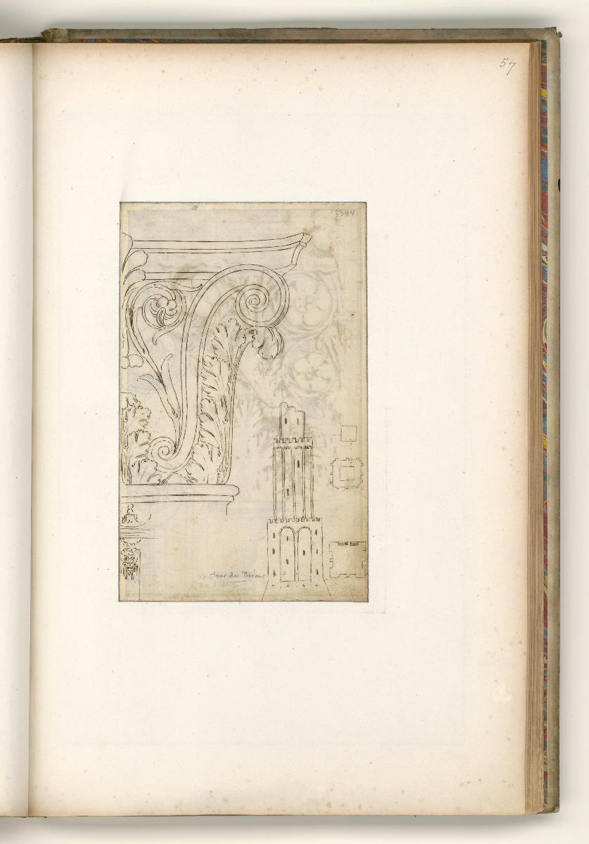 Rom, Torre dei Conti, Aufriss und Grundrisse der einzelnen Geschosse;  Aufriss eines Kapitells, verso: halber Aufriss eines Kapitells
