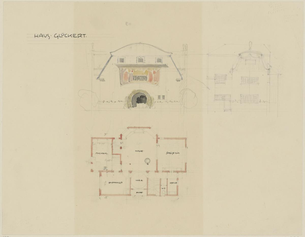 Darmstadt, Grosses Glückerthaus, vorbereitende Skizze mit Aufrissen der West -und Nordfassade sowie Grundriss