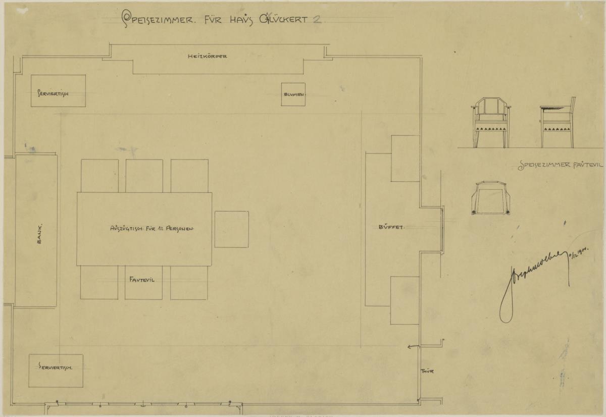 Darmstadt, Grosses Glückerthaus, Speisezimmer, Grundriss mit Möblierungsplan sowie Grundriss, Aufriss und Seitenansicht eines Stuhls