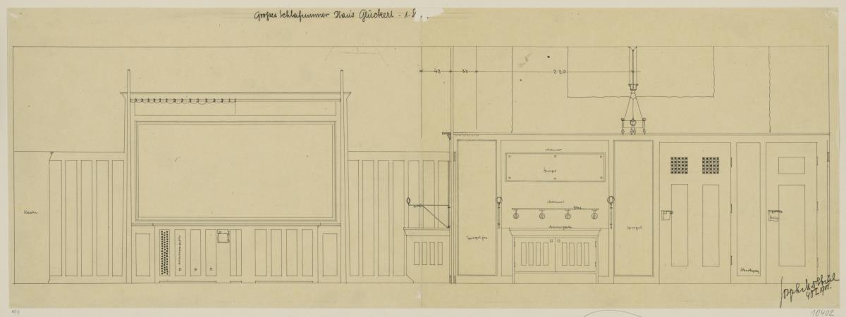 Darmstadt, Grosses Glückerthaus, Schlafzimmer, Aufrisse der Süd- und Westwand