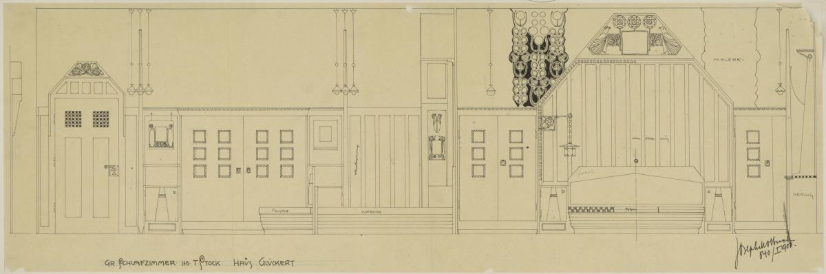 Darmstadt, Grosses Glückerthaus, Schlafzimmer, Aufrisse der Nord- und Ostwand