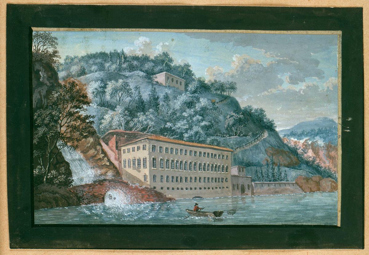 Uferlandschaft mit Gebäude und Wasserfall
