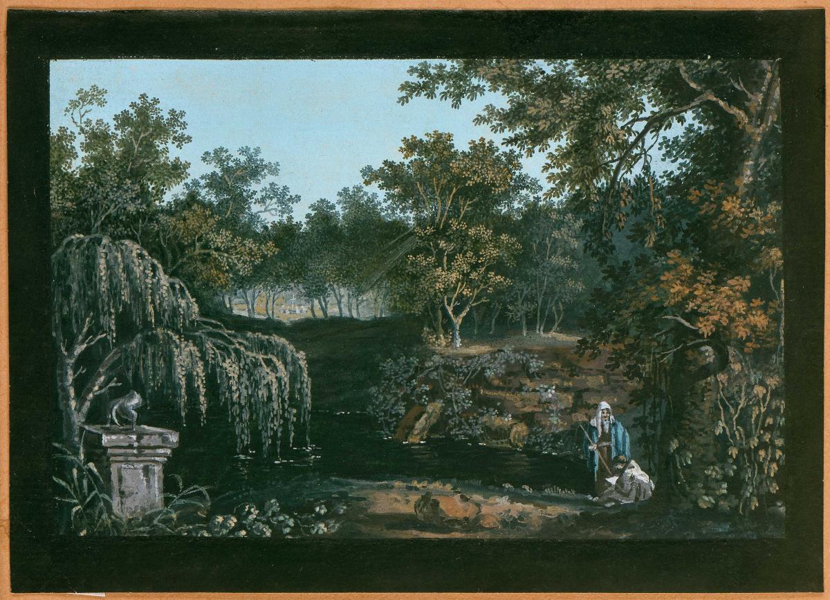 Weiher im Wald mit zwei Figuren