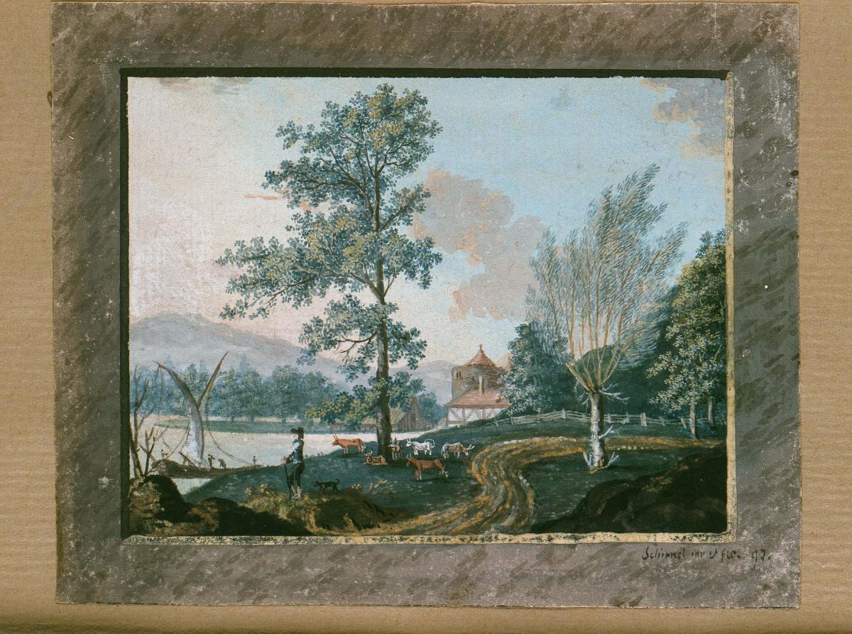 Landschaft mit Kuhhirte, Viehherde und Segelboot