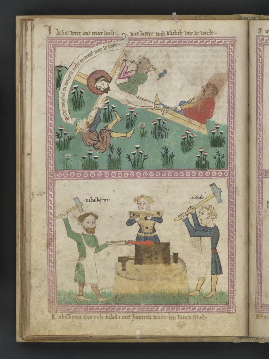 Speculum humanae Salvationis (Heilspiegel). Kreuzannagelung Christi, Jubal und Tubalkain