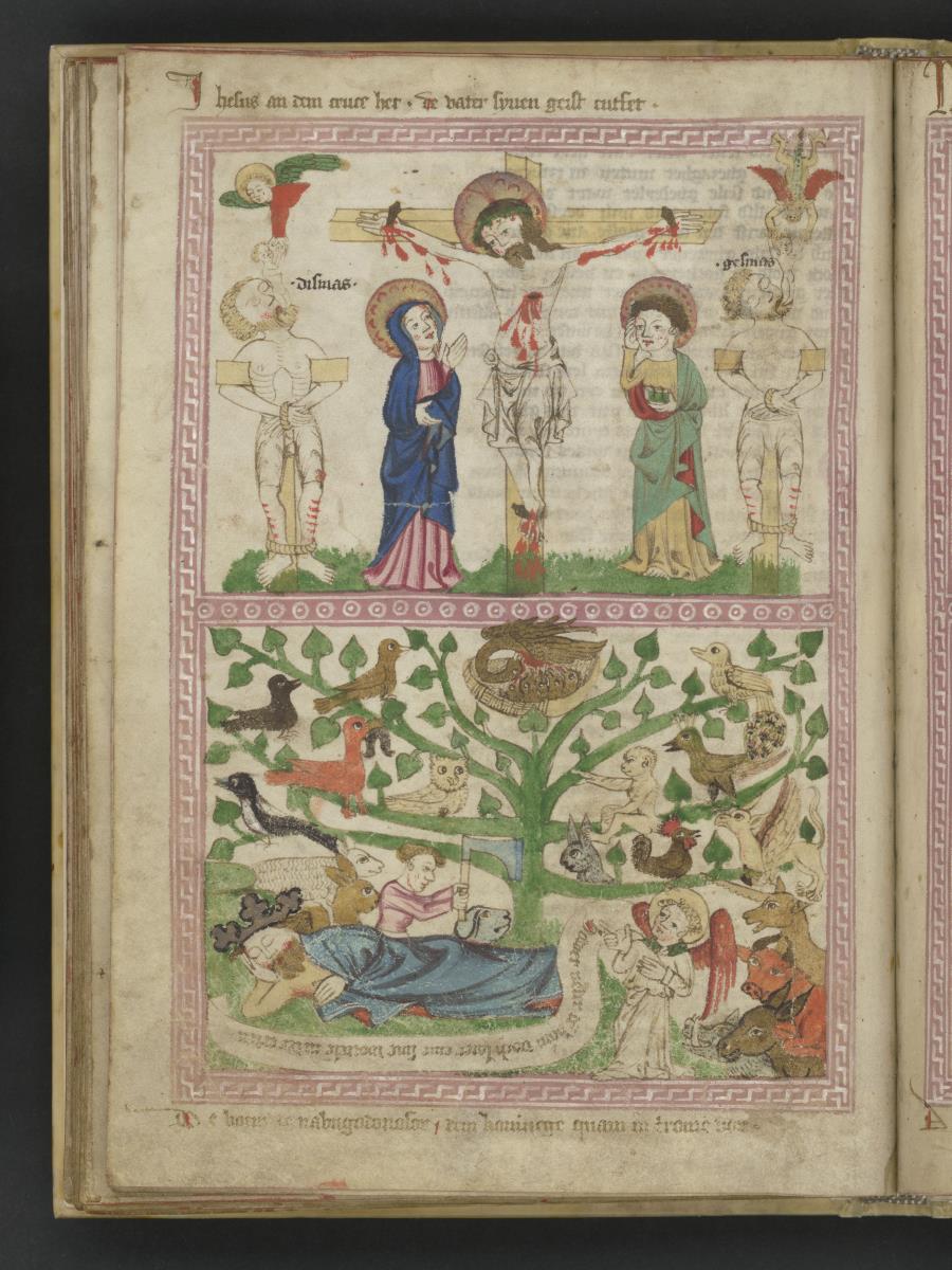 Speculum humanae Salvationis (Heilspiegel). Kreuzigung Christi, Nebukadnezar sieht im Traum einen Baum mit Vögeln, an dem ein Mann die Axt anlegt