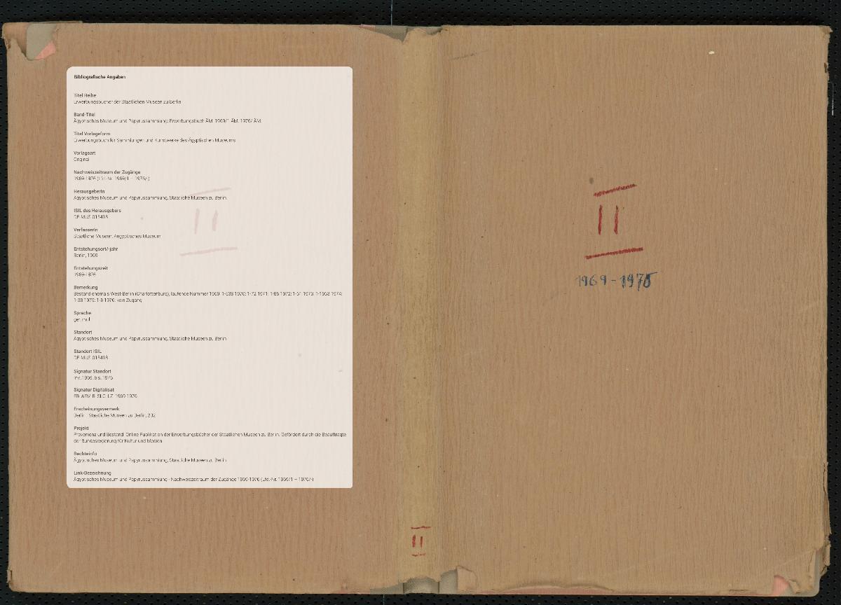 Erwerbungsbuch für Sammlungen und Kunstwerke des Ägyptischen Museums