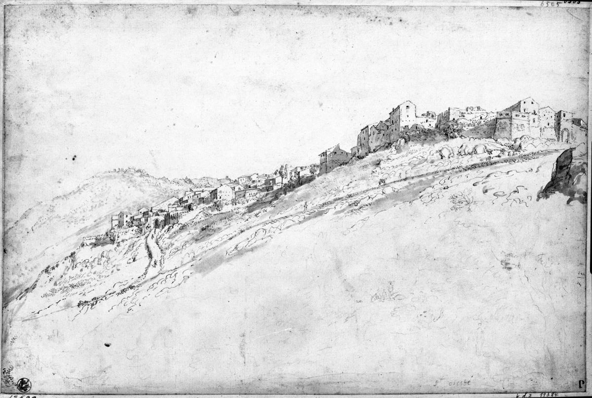 Bergstädtchen mit zerfallener Mauer und zwei Toren
