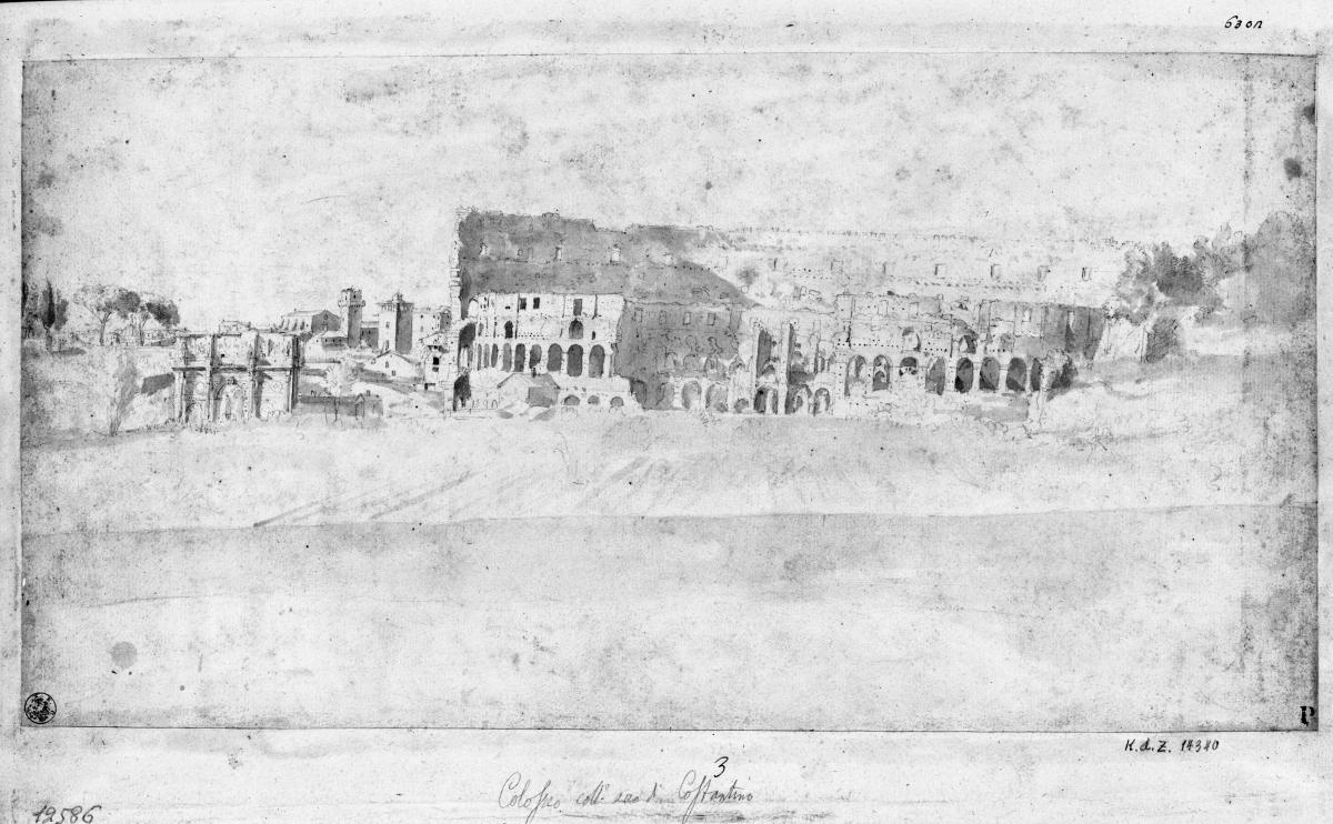 Kolosseum, vom Caelius aus gesehen, links Konstantinsbogen