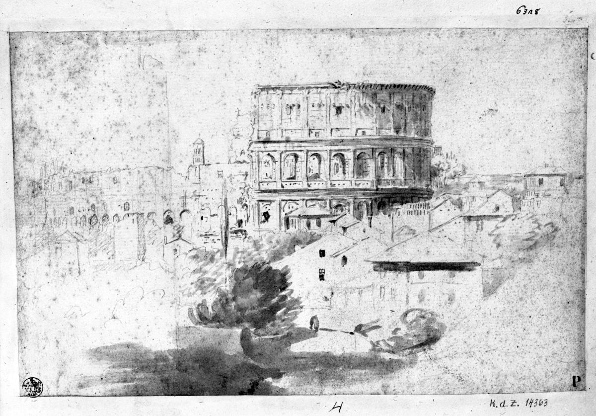 Kolosseum vom Caelius her gesehen, etwa gegenüber der Stelle, an der jetzt der Pfeiler Pius VII. steht (oder: Teatro di Marcello?)