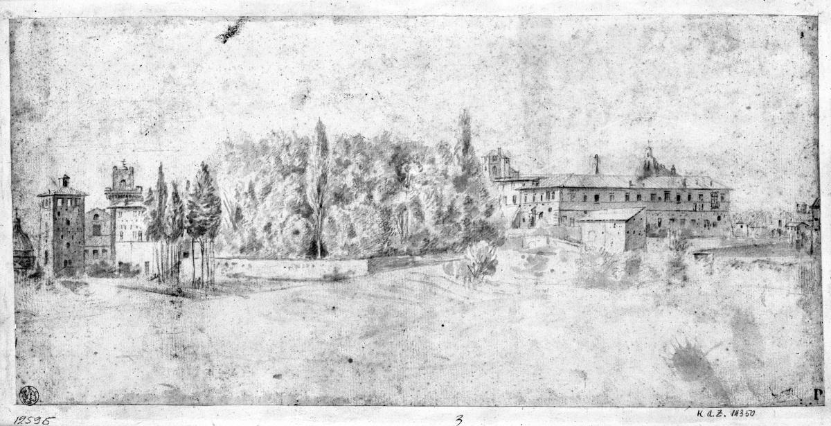 Baumgarten mit Kloster (S. Pietro in Vincoli?), links Kuppelkirche und mehrere Türme