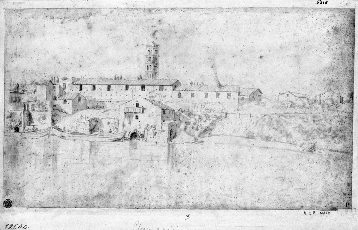 Tiberufer mit Mündung der Cloaca maxima, dahinter ein Gebäude (Granarone) und Campanile von S. Maria in Cosmedin