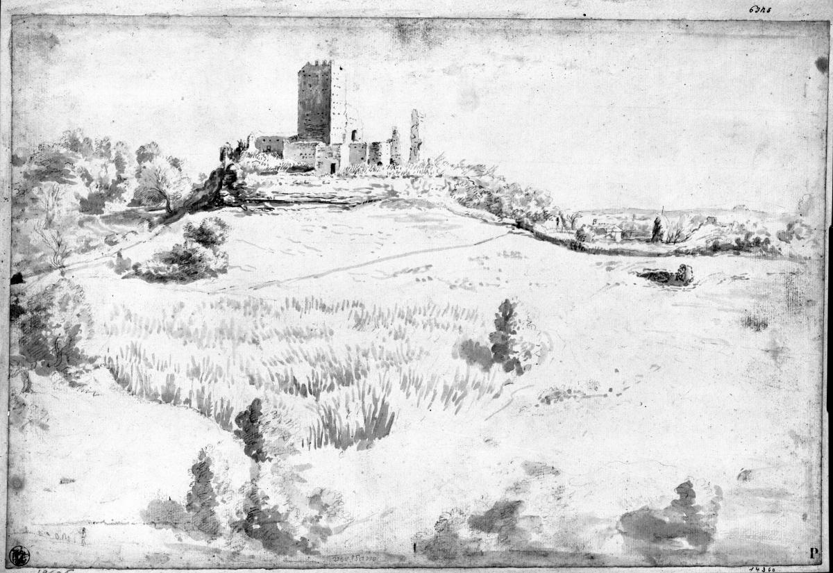 EInsamer Turm in der Campagna, rechts unten eine kleine Kirche