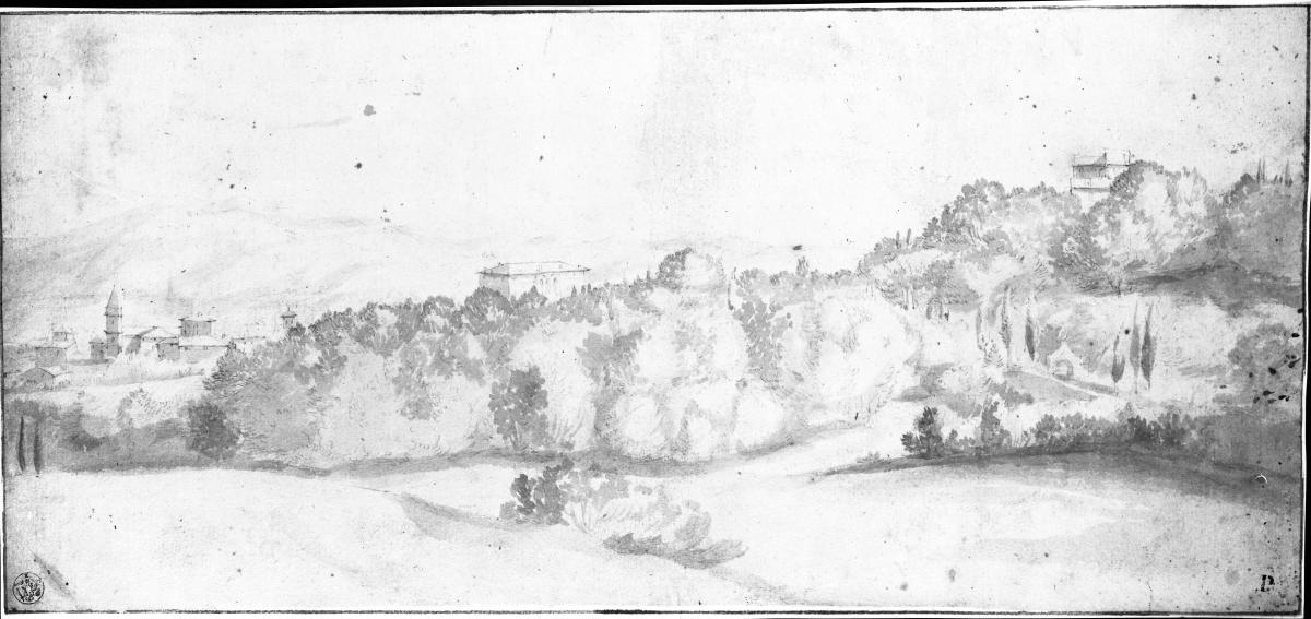 Italienische Landschaft, im Mittelgrund ein bewaldeter, nach rechts ansteigender Hügelzug mit einzelnen Häusern, in der Ebene links eine Stadt
