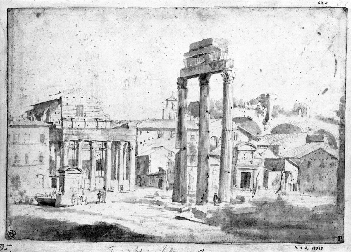 Campo Vaccino, links Faustina, rechts die drei Säulen, im Hintergrund S. Cosma e Damiano und die Konstantinsbasilika