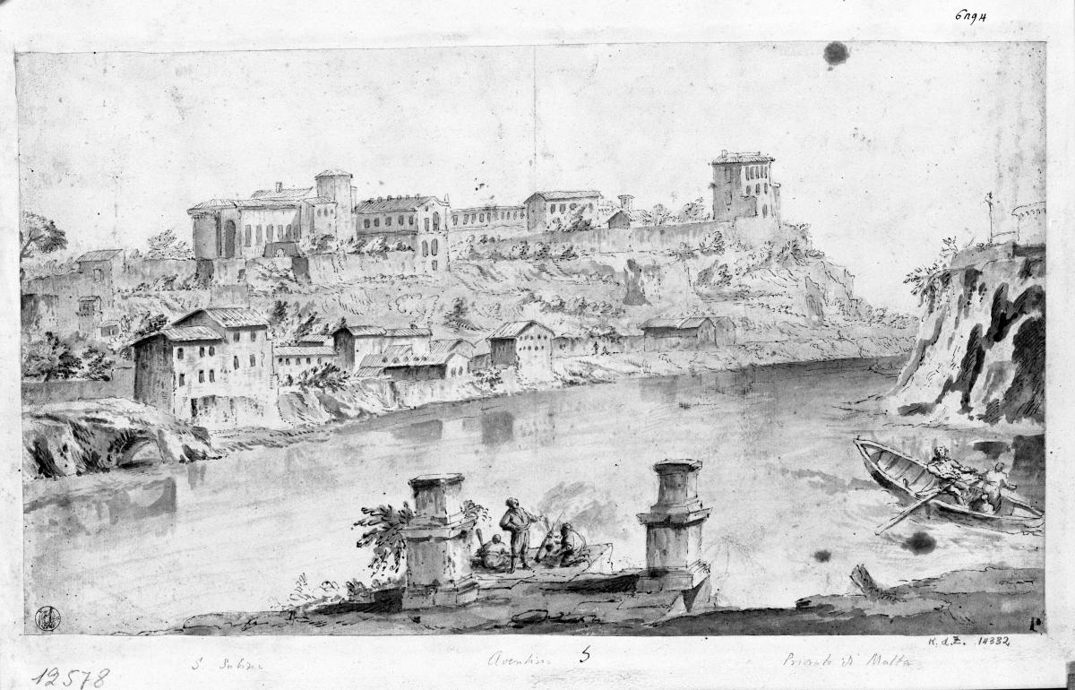 Der Aventin mit S. Sabina, S. Alessio, Priorato di Malta, von Ripa Grande aus gesehen