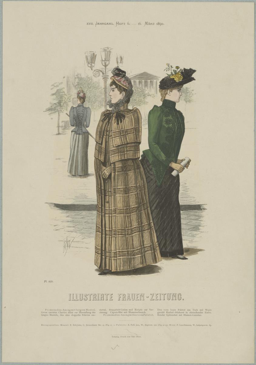 Illustrirte Frauen-Zeitung: Promenaden-Anzug mit langem Mantel und Promenaden-Anzug mit kurzem Paletot
