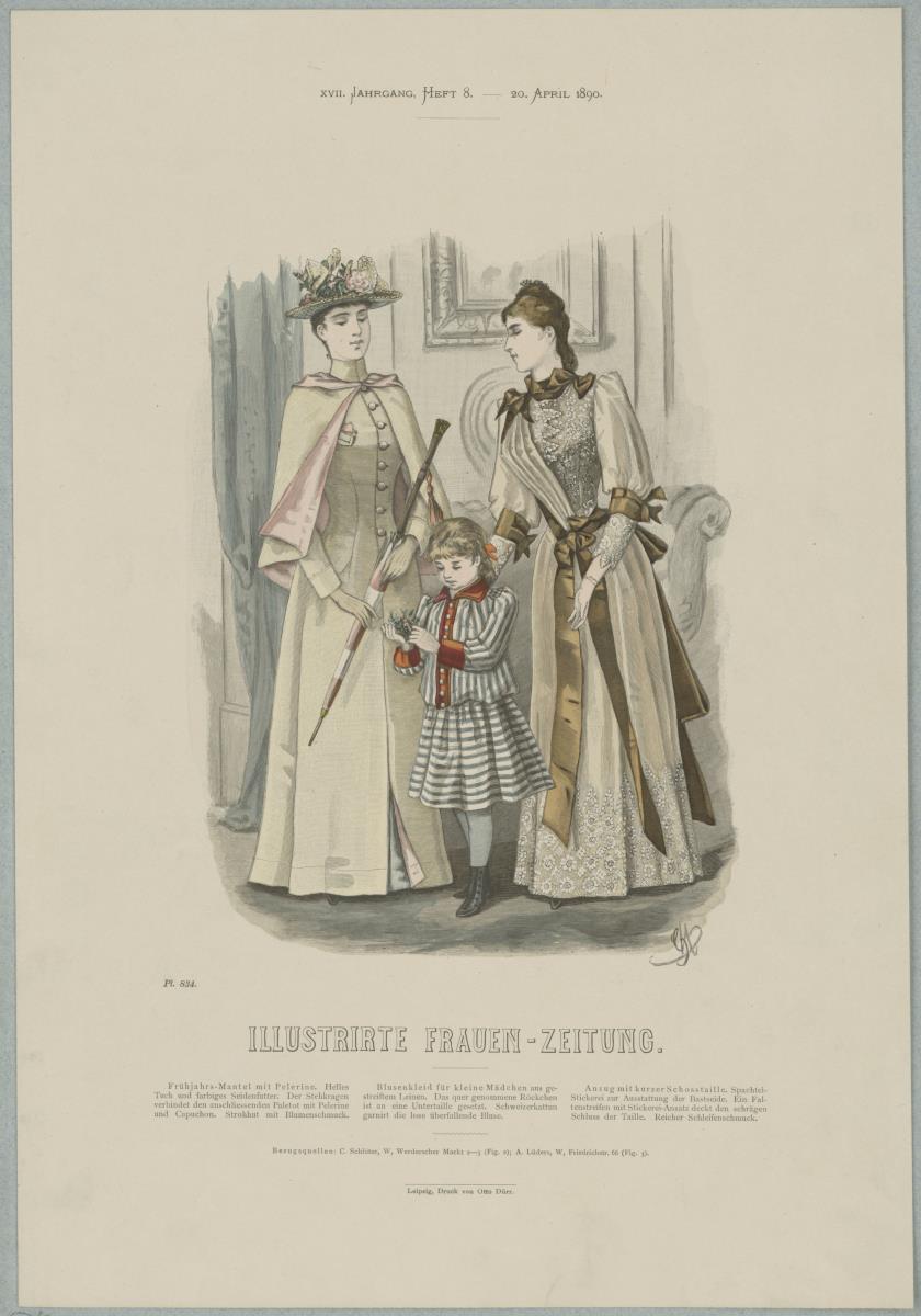 Illustrirte Frauen-Zeitung: Frühjahrs-Mantel mit Pelerine und Blusenkleid für kleine Mädchen