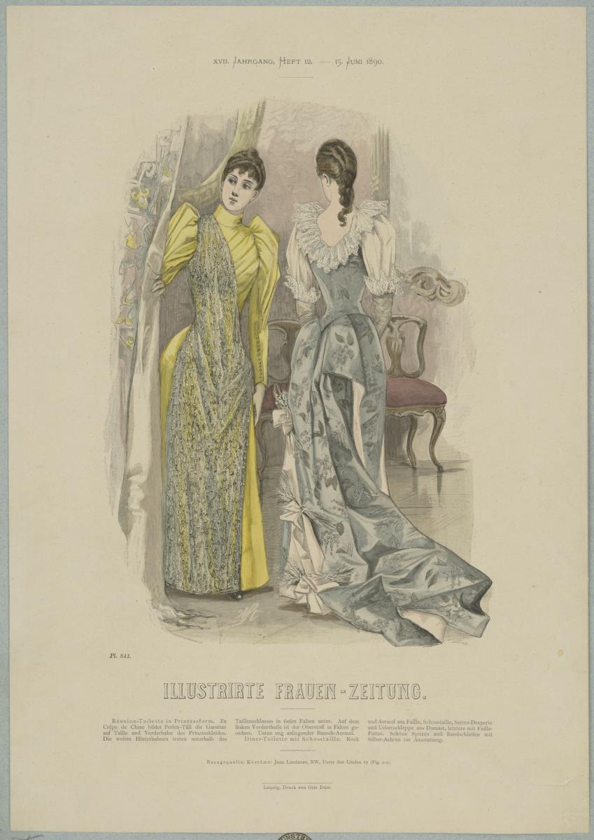 Illustrirte Frauen-Zeitung: Réunion-Toilette in Prinzessform und Diner-Toilette mit Schosstaille und Schleppe
