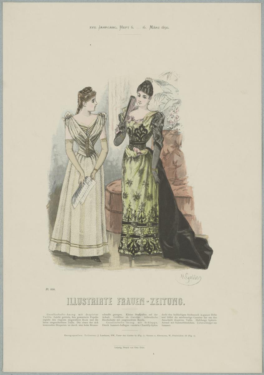 Illustrirte Frauen-Zeitung: Gesellschafts-Anzug mit drapierter Taille und Gesellschafts-Anzug mit Schleppe