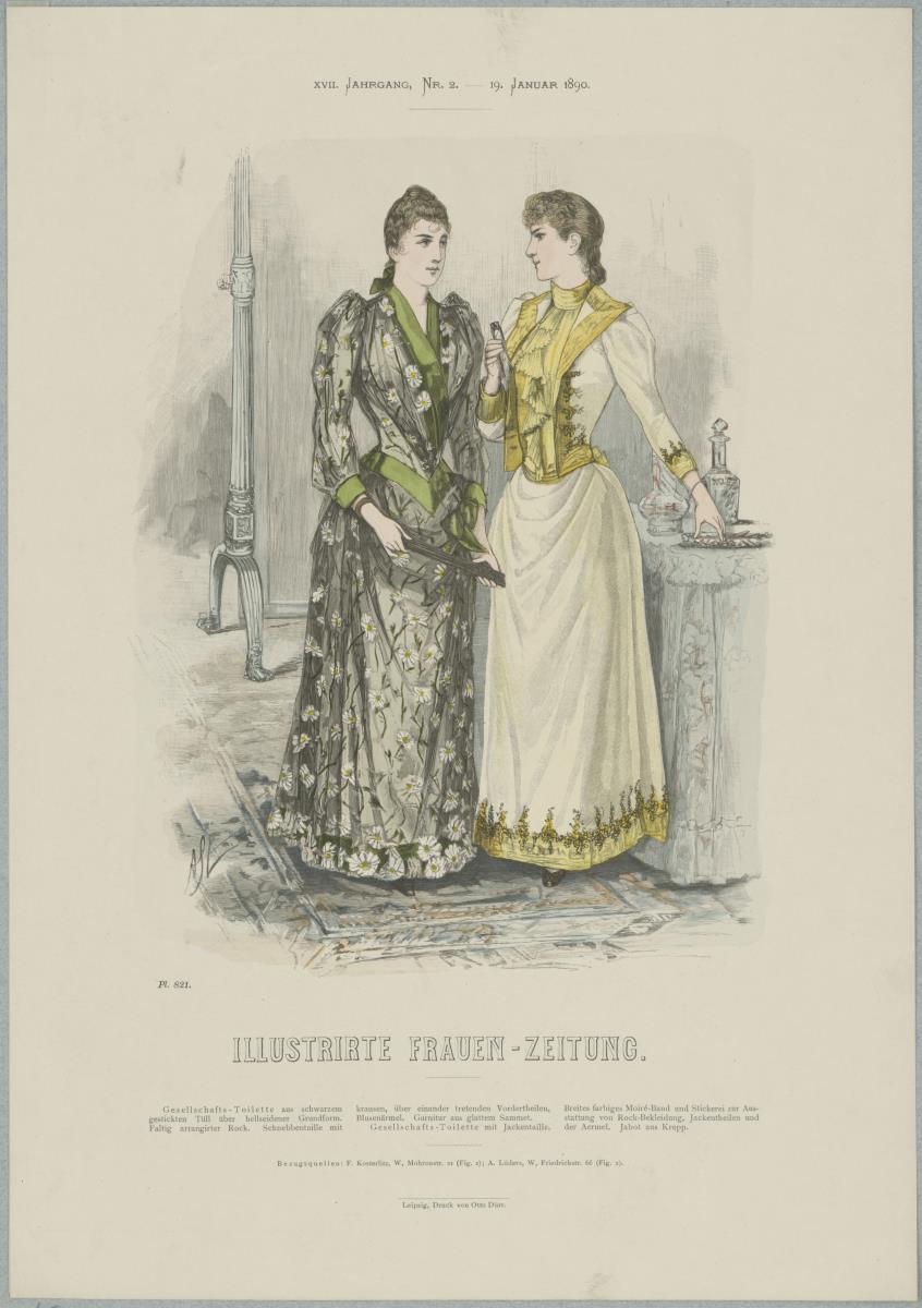 Illustrirte Frauen-Zeitung: Gesellschafts-Toilette aus gesticktem Tüll und Gesellschafts-Toilette mit Jackentaille