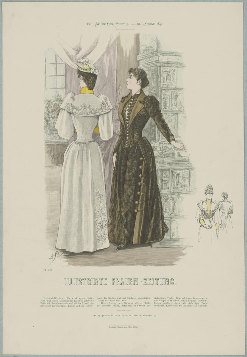 Illustrirte Frauen-Zeitung: Paletot-Kleid mit Reverskragen und Haus-Anzug mit Schosstaille
