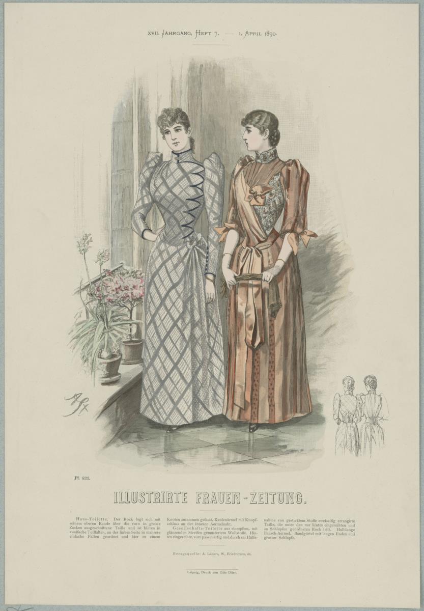Illustrirte Frauen-Zeitung: Haus-Toilette mit Keulenärmeln und Gesellschafts-Toilette mit halblangen Bausch-Ärmeln