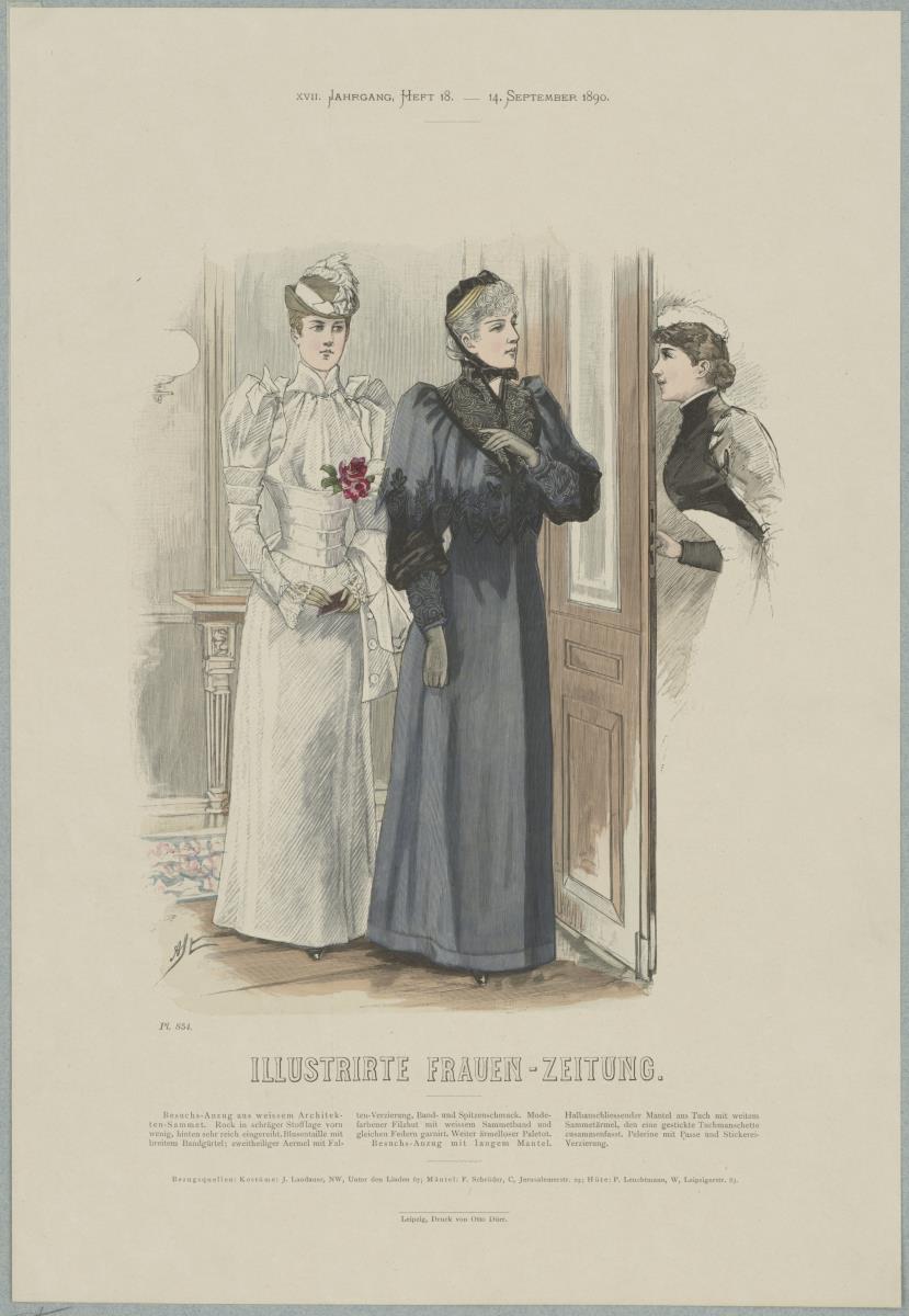 Illustrirte Frauen-Zeitung: Besuchs-Anzug mit Blusentaille und Besuchs-Anzug mit langem Mantel