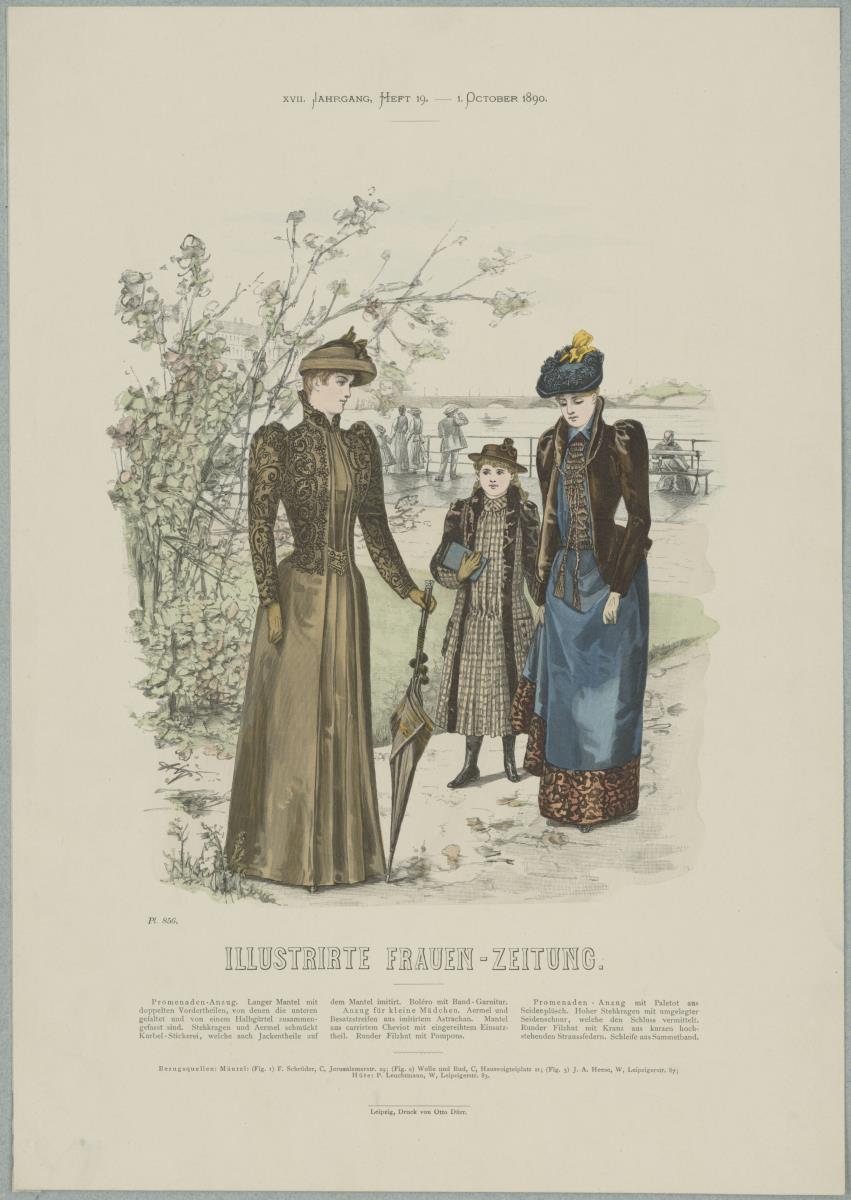 Illustrirte Frauen-Zeitung: zwei Promenaden-Anzüge für Damen und ein Anzug für kleine Mädchen