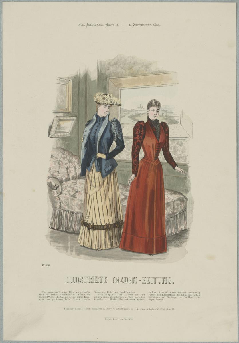Illustrirte Frauen-Zeitung: Promenaden-Anzug mit rundem Filzhut und Haus-Anzug mit Miedertaille
