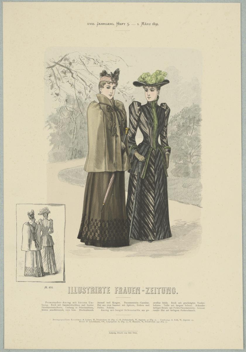Illustrirte Frauen-Zeitung: Promenaden-Anzug mit kurzem Umhang und Anzug mit langer Schosstaille
