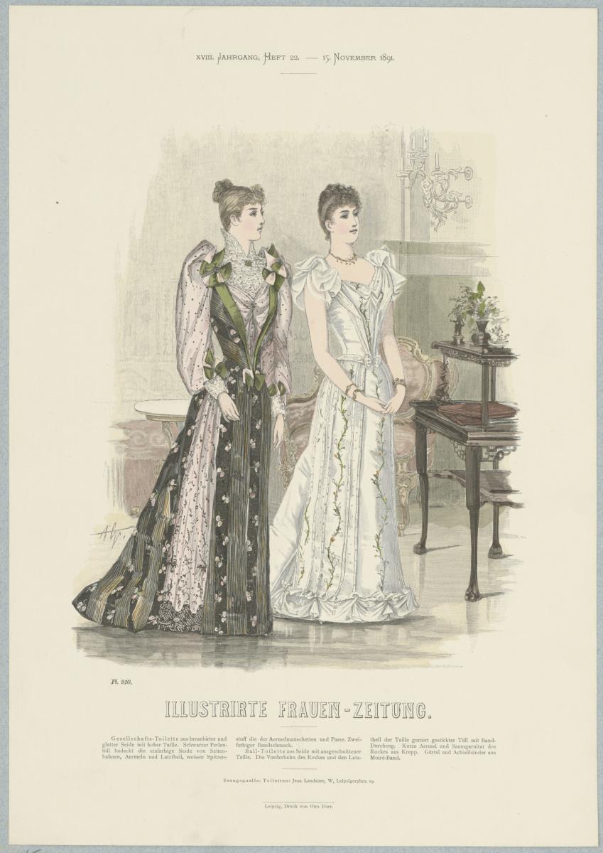 Illustrirte Frauen-Zeitung: Gesellschafts-Toilette mit hoher Taille und Ball-Toilette mit ausgeschnittener Taille