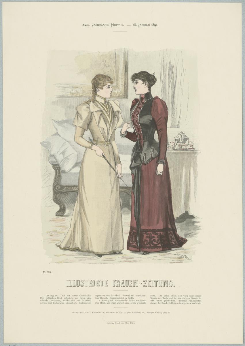 Illustrirte Frauen-Zeitung: Anzug mit kurzer Gürteltaille und Anzug mit abstechender Taille