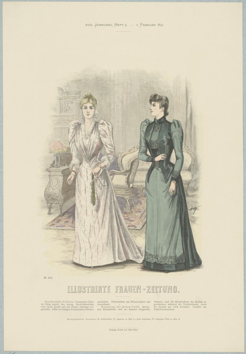 Illustrirte Frauen-Zeitung: Gesellschafts-Toilette mit kleiner Schleppe und Hausanzug mit Jacken-Taille