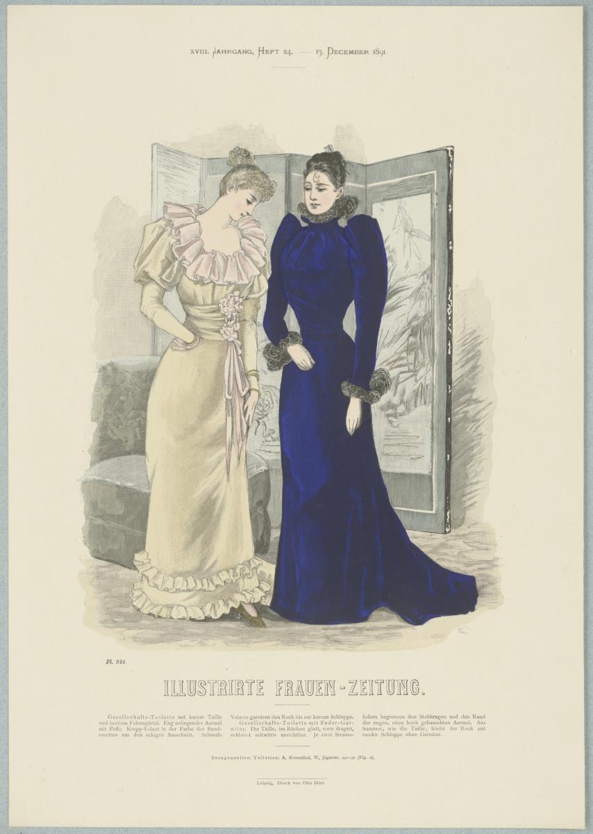 Illustrirte Frauen-Zeitung: Gesellschafts-Toilette mit breitem Faltengürtel und Gesellschafts-Toilette mit runder Schleppe