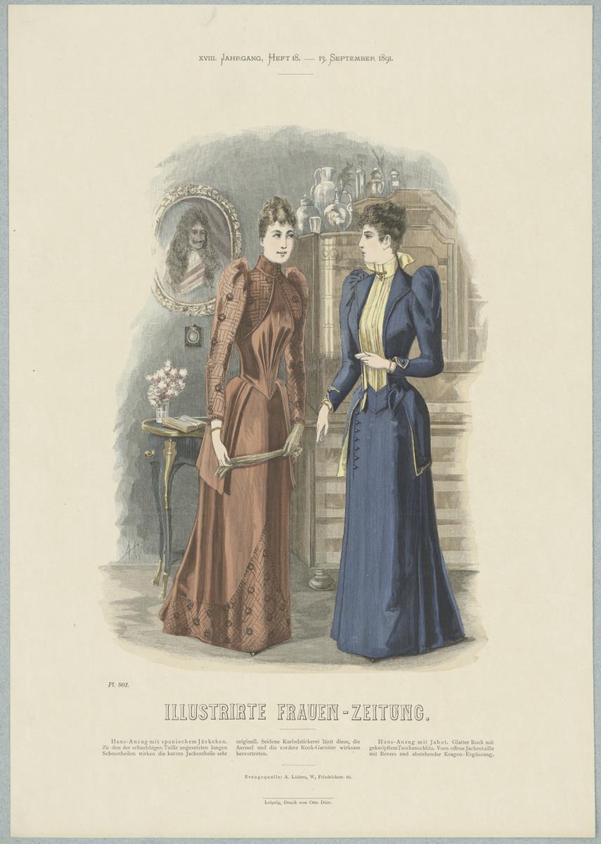 Illustrirte Frauen-Zeitung: Haus-Anzug mit spanischem Jäckchen und Haus-Anzug mit Jabot