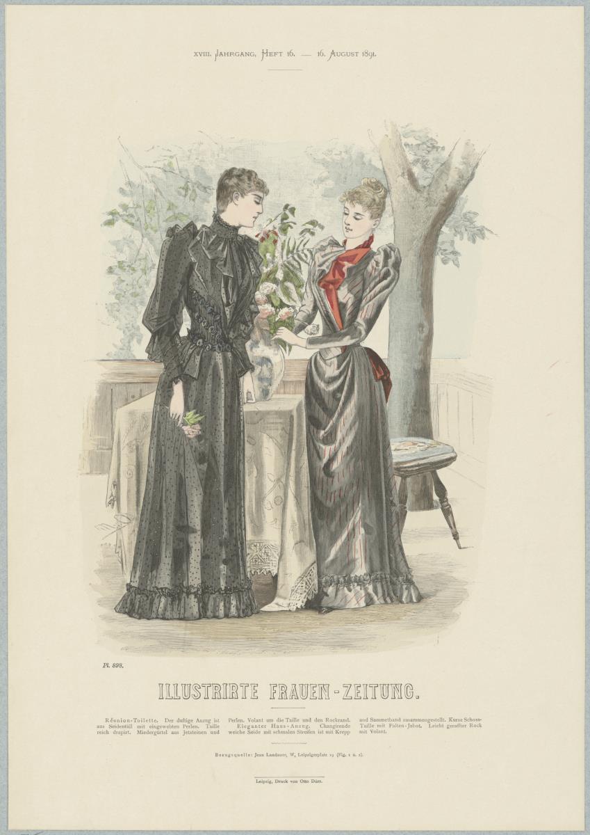 Illustrirte Frauen-Zeitung: Réunion-Toilette und eleganter Haus-Anzug mit kurzer Schoss-Taille